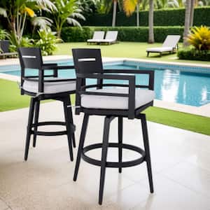 Aluminum Frame Swivel Outdoor Bar Stool 2-Piece with Sunbrella Cushion, Ember Black, 360° Swivel, Tapered Legs
