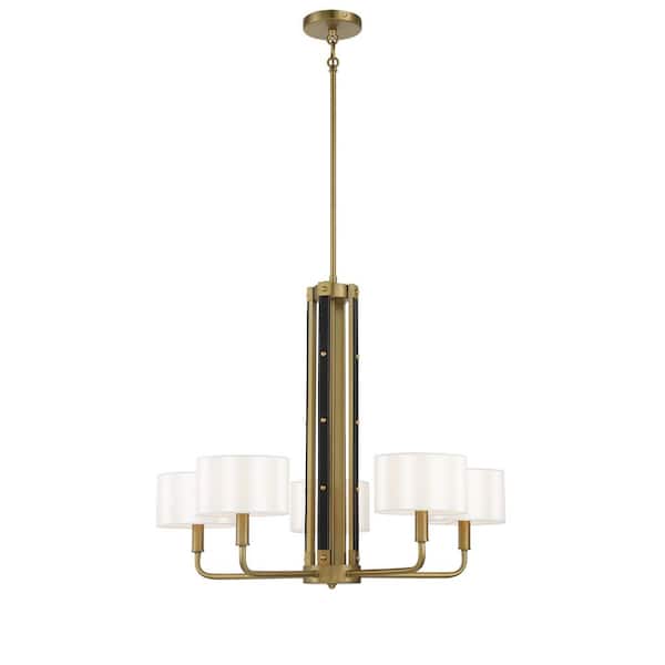 Chelsea 5-Light Soft Brass Chandelier with White Silk Shades