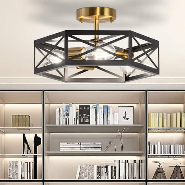 14.8 in. 3-Light Black and Gold Semi- Flush Mount Lighting with Hexagon for Hallway 1-Pack