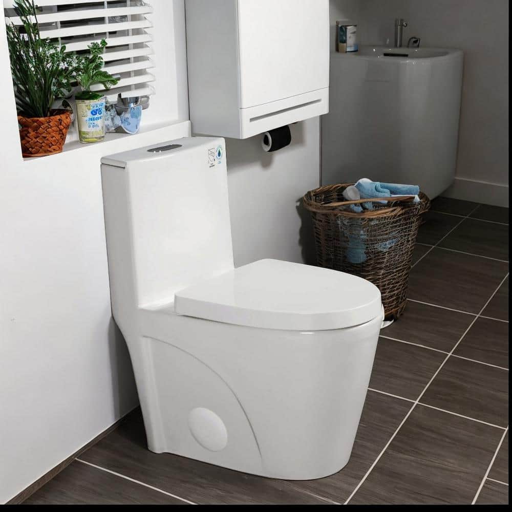 1-Piece 1.1/1.6 GPF Dual Flush Elongated Toilet in Glossy White
