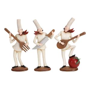 White Polystone Chef Sculpture with Musical Instruments (Set of 3)