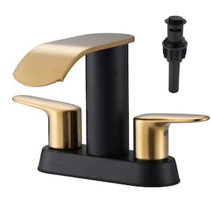 4 in. Centerset Double-Handle Waterfall Bathroom Sink Faucet Stainless Steel with Pop Up Drain Kit in Black and Gold