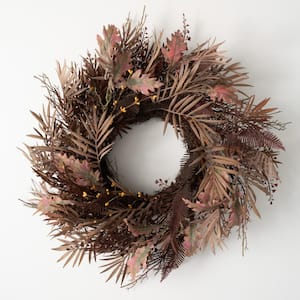 22 in. Artificial Heather Wreath with Pink Flowers on Natural Twig