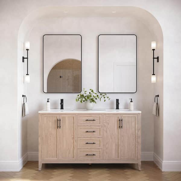 Silas 60 in. Double Sink Freestanding Bath Vanity with White Quartz Top and Ceramic Sink in Vanilla Oak