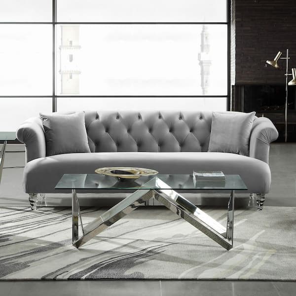 Armen Living Grey Velvet Contemporary Sofa with Acrylic Legs