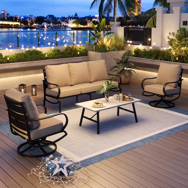 PHI VILLA Metal 5 Seat 4-Piece Steel Outdoor Patio Conversation Set With Swivel Chairs, Beige Cushions and Marble Pattern Table
