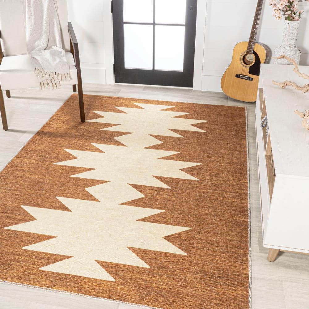 Chayton Terracotta and Cream Geometric Washable Area Rug 8' x 10'
