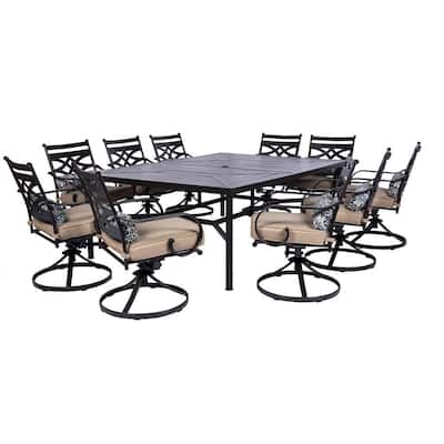 Montclair 11-Piece Steel Outdoor Dining Set with Tan Cushions, 10 Swivel Rockers and 60 in. x 84 in. Table