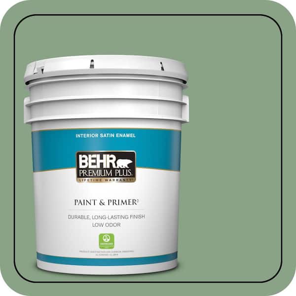 BEHR PREMIUM PLUS 5 gal. #S400-5 Gallery Green Satin Enamel Low Odor Interior Paint & Primer