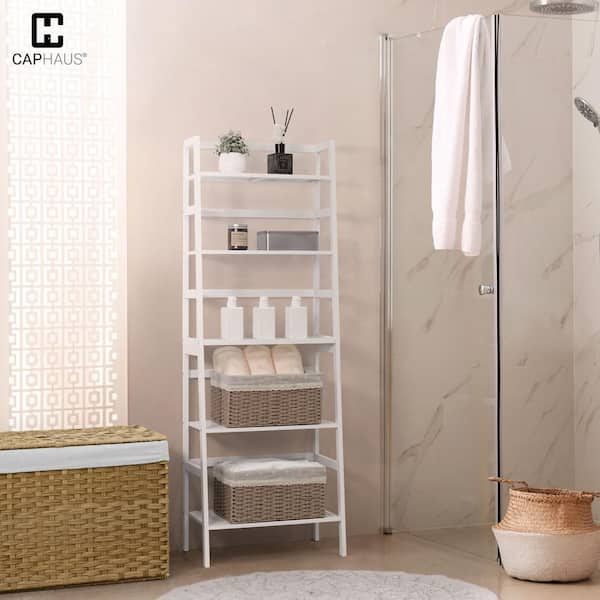 CAPHAUS 58.8 in. Tall White Bamboo 5-Shelf Ladder Bookcase with