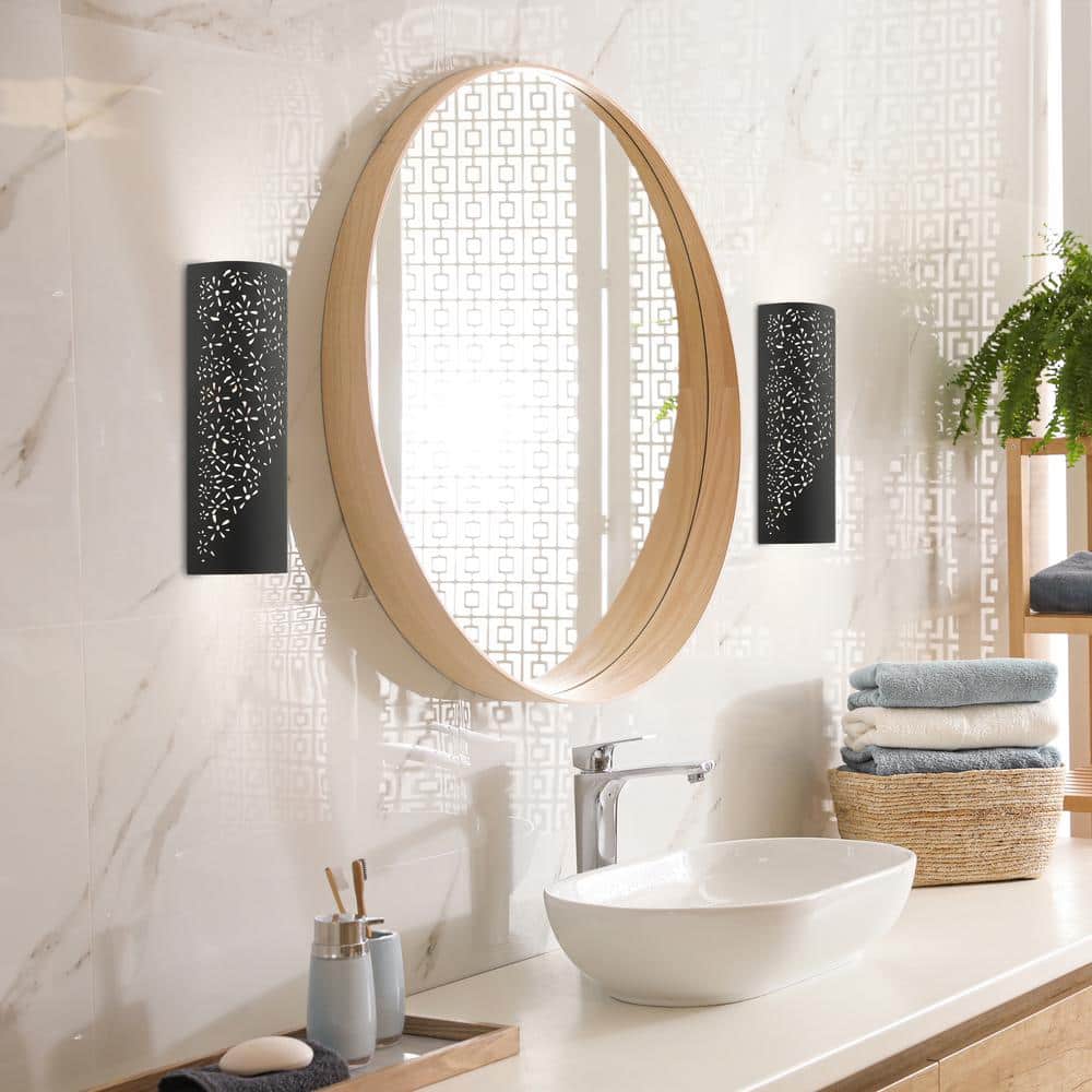 Noria Organic Laser Cut Black Steel 2-Light Sconce with Off-White Linen Shade