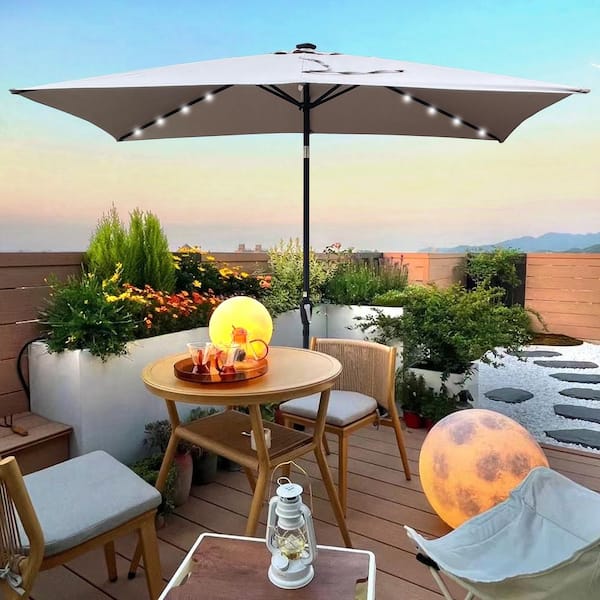 Unbranded 10 ft. x 6.5 ft. Steel Rectangular Patio Solar LED Lighted Outdoor Grey Umbrellas for Garden Backyard Pool