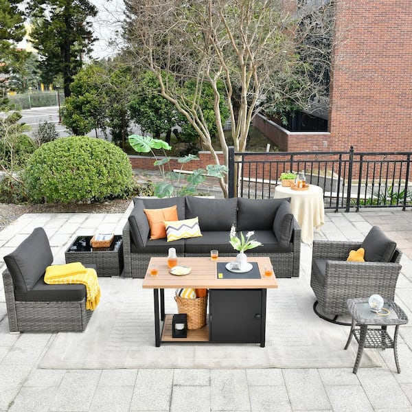 OVIOS Hippish Gray 8-Piece Wicker Outdoor Patio Fire Pit Table Conversation Set with Black Cushions and Swivel Rocking Chairs