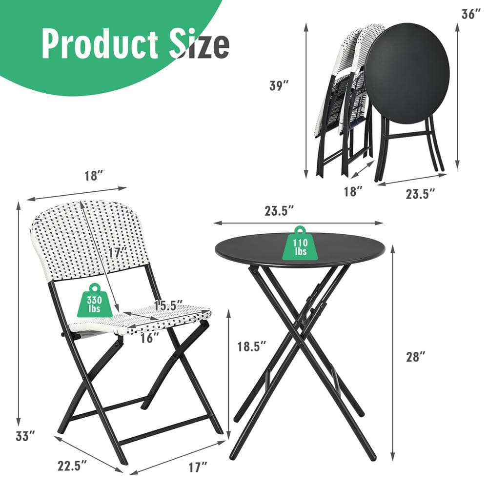 Black and White Rattan Folding Bistro Set with Round Table