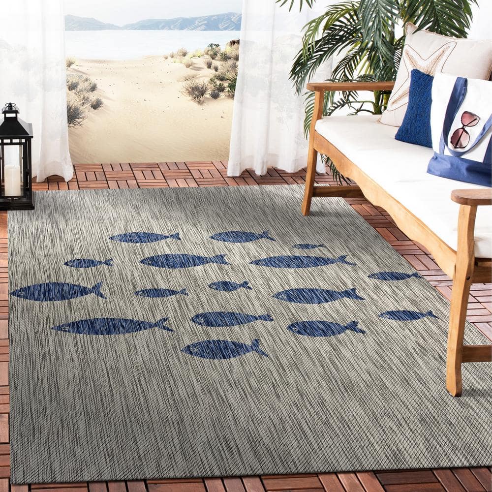 Gray and Blue Fish Pattern Stain-Resistant Synthetic 5' x 7' Area Rug