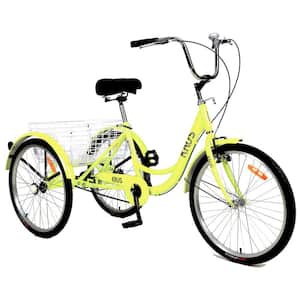 26 in. Wheels Cruiser Bicycles Adult Tricycle Trikes 3-Wheel Bikes with Large Shopping Basket Single Speed in Yellow