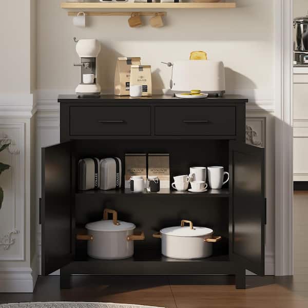 WarmieHomy 31.5 in. W Pantry Organizer Farmhouse Kitchen Storage Cabinet in Black with 2-Drawers and Doors