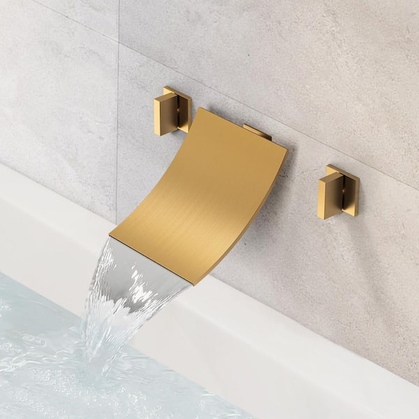 Double-Handle Wall Mount Roman Tub Faucet Bathtub Faucet in Brushed Gold