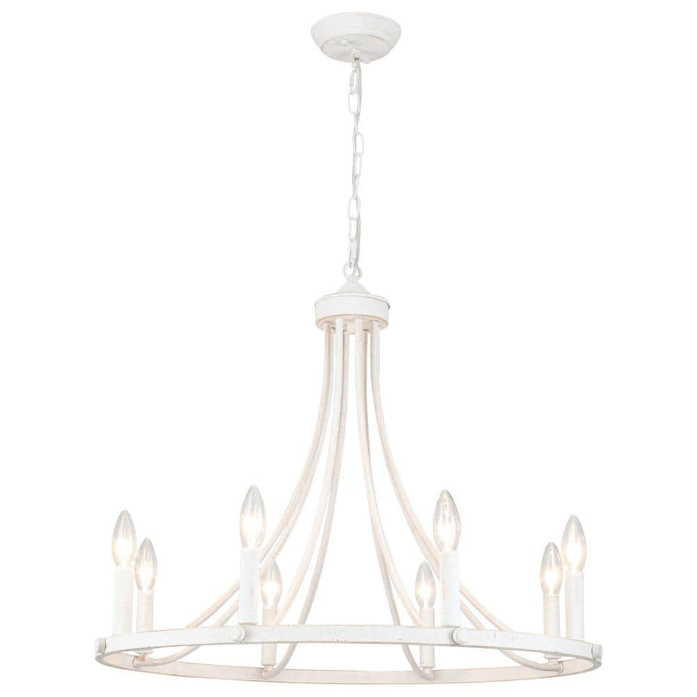 8-Light Distressed White Farmhouse Wagon Wheel Chandelier Candle Style Ligh