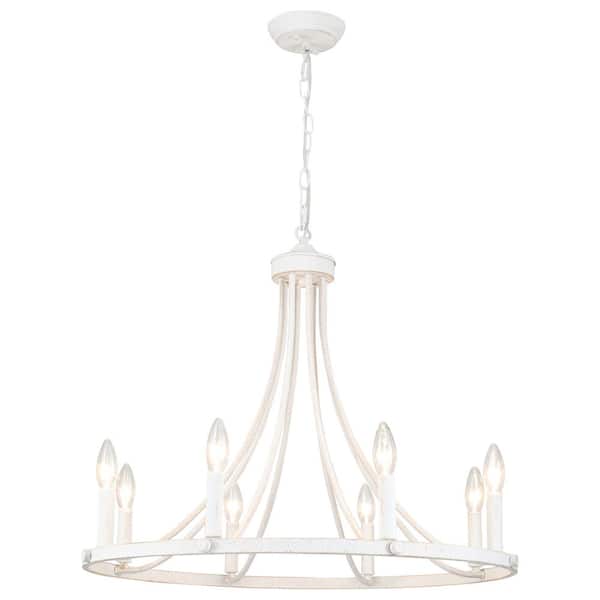 ADSENSTY 8-Light Distressed White Farmhouse Wagon Wheel Chandelier Candle Style Light Fixture