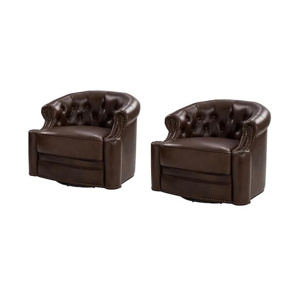 JAYDEN CREATION Amalia Chocolate 31.5 in. W Genuine Leather Swivel Chair with Tufted Back and Nailhead Trim Arm and Base (Set of 2)