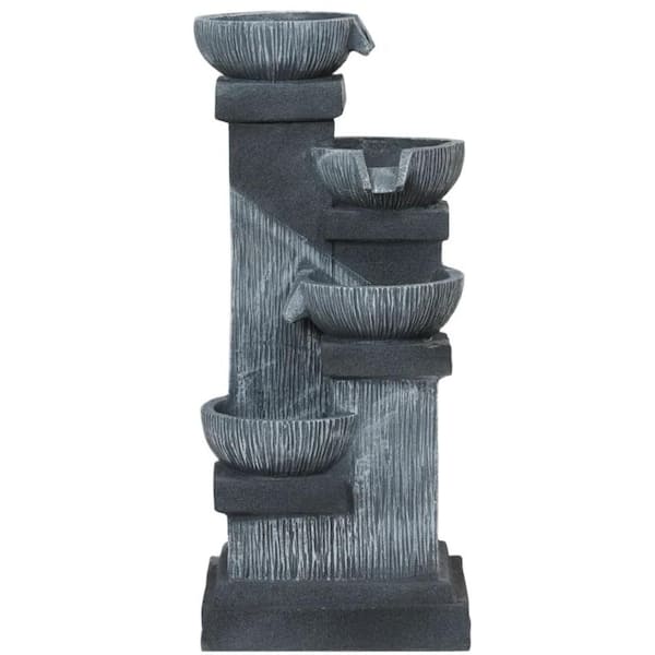 Outdoor Waterfall Floor Fountain with LED Lights, 4-Tier Resin Cascading Water Bowls with Pump