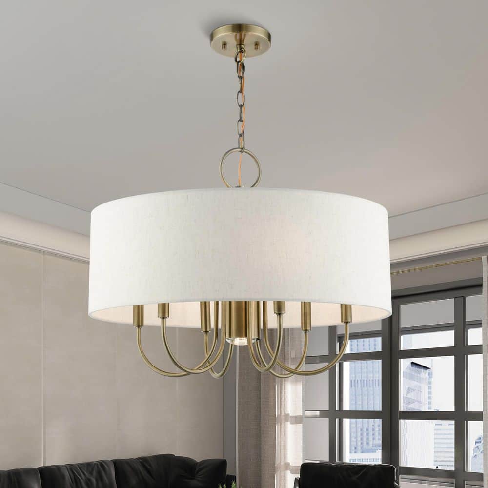 Blossom Antique Brass 7-Light Drum Chandelier with Oatmeal Shade