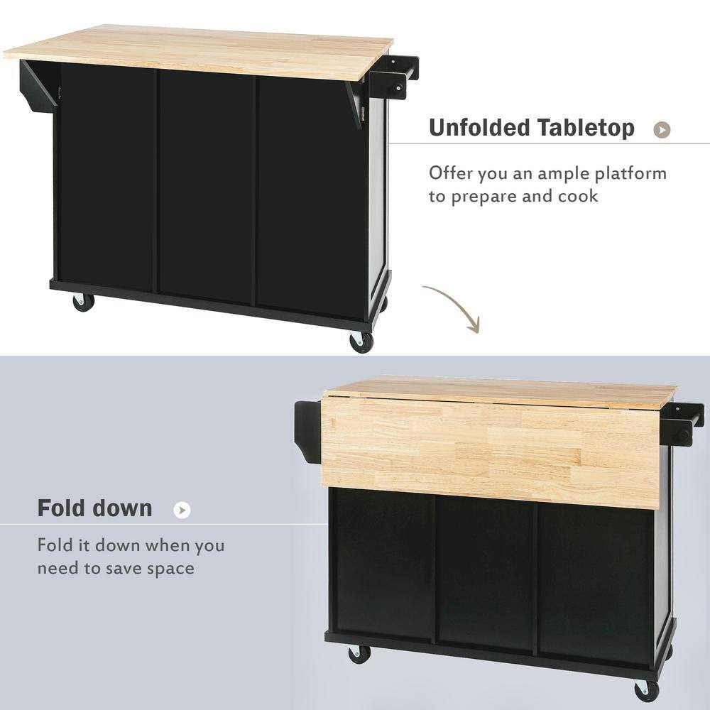 Black Wood Drop-Leaf Kitchen Cart with Storage and Spice Rack