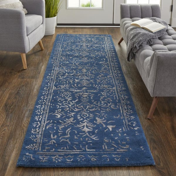 Blue, Silver Floral 2 ft. x 8 ft. Runner Rug
