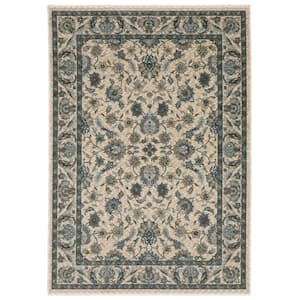 Ambrose Beige/Blue 10 ft. x 13 ft. Traditional Persian Floral Polyester Fringe Edge Indoor Area Rug