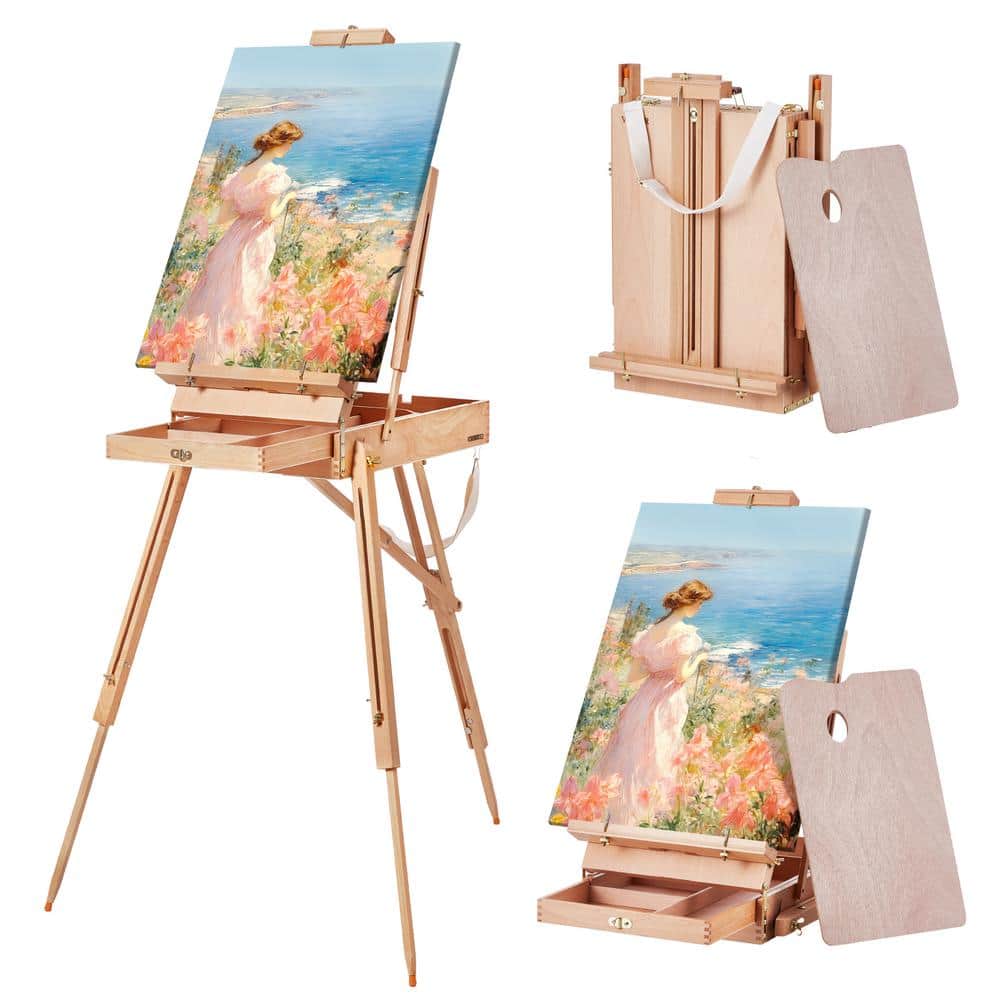 VEVOR French Easel, Hold Canvas to 34 in. Beechwood Foldable Sketchbox Easel  with Drawer, Palette and Strap, Angle Adjustable HH80100CMMZDGVYXZV0 - The  Home Depot, image size:1000x1000