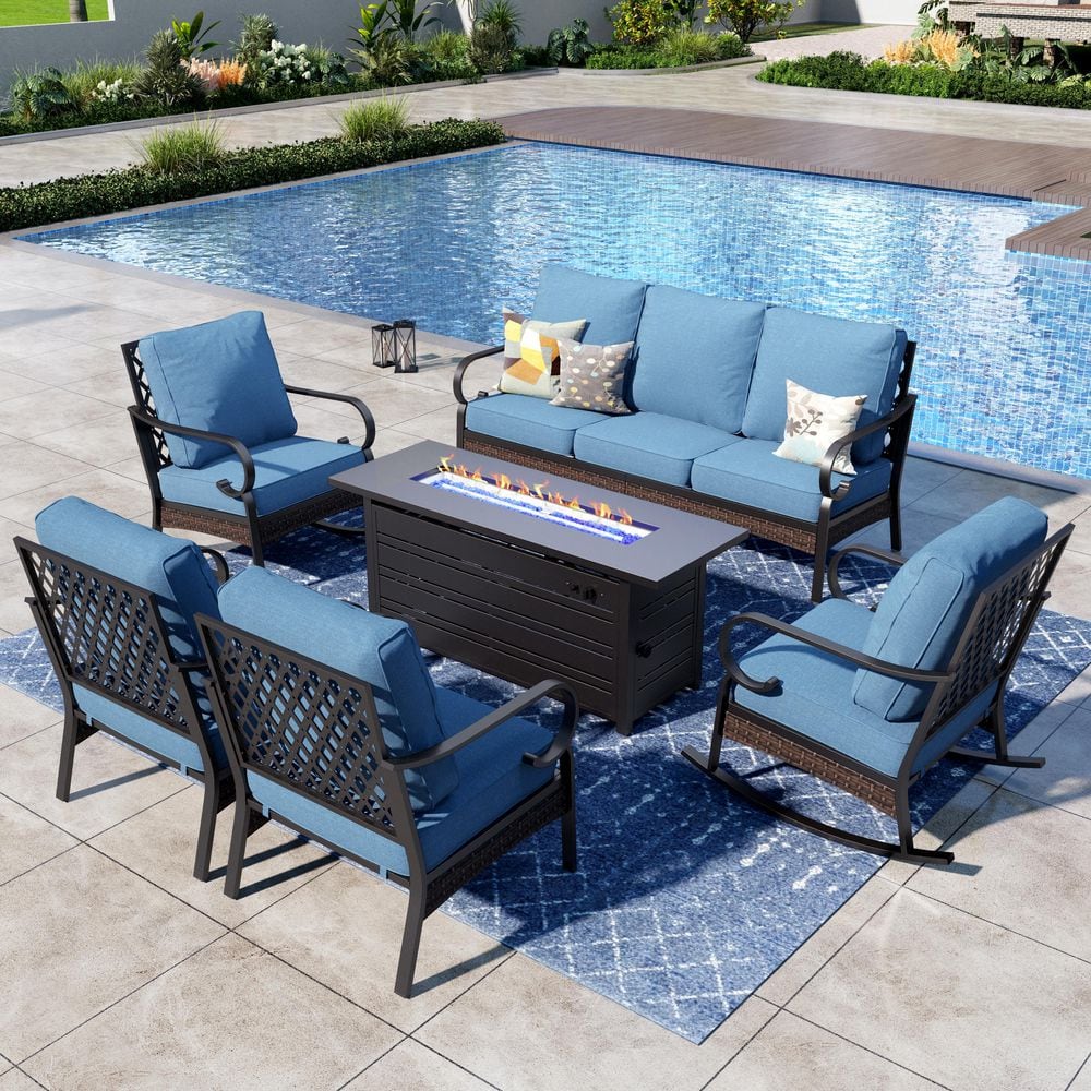 6-Piece Black Metal 7-Seats Fire Pit Patio Sets with Rocking Chairs, 50000 BTU Fire Pit Table and Denim Blue Cushions price history on PriceWatchPro