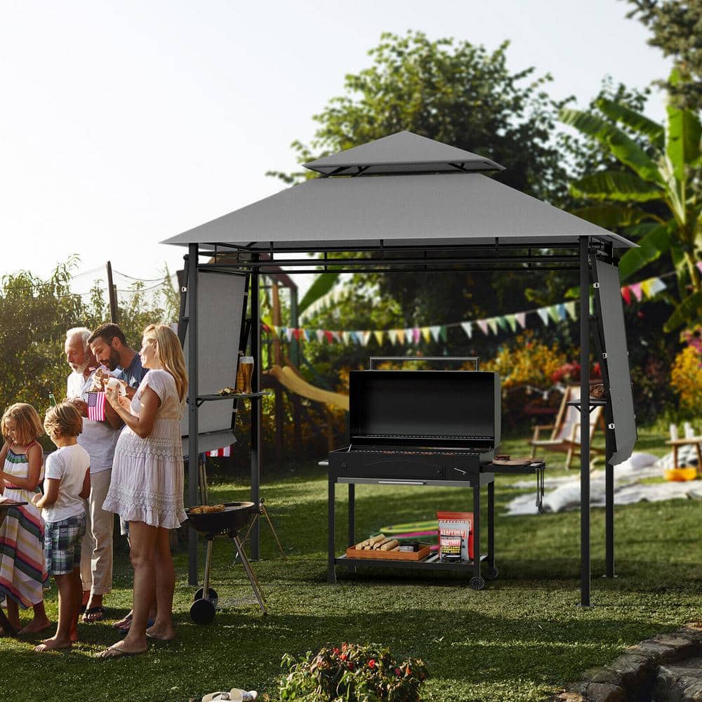 Gray Steel Outdoor BBQ Grill Gazebo with Dual Side Awnings