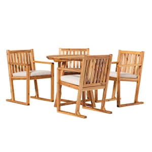 Natural 5-Piece Modern Slatted Wood Geometric Outdoor Dining Set with Bisque Cushions