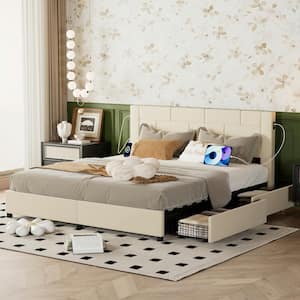 Upholstered Bed Beige Metal Frame King Platform Bed with USB Charging, Drawers and No Boxspring Needed, Easy Assembly