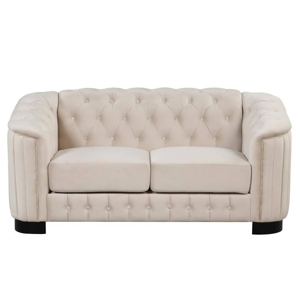 64 in. Square Arm Velvet Rectangle Sofa with Thick Removable Seat Cushion in. Beige