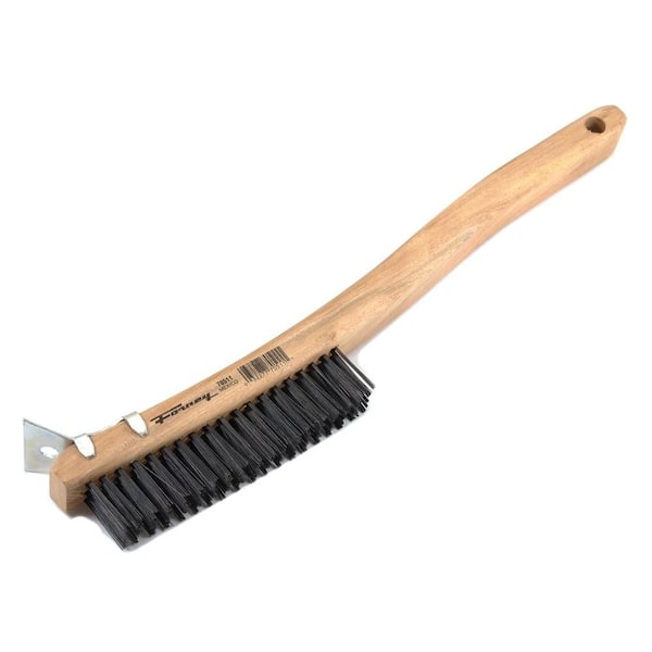 Forney 13-11/16 in. Curved Wood Handled Carbon Steel Wire Scratch Brush and Metal Scraper