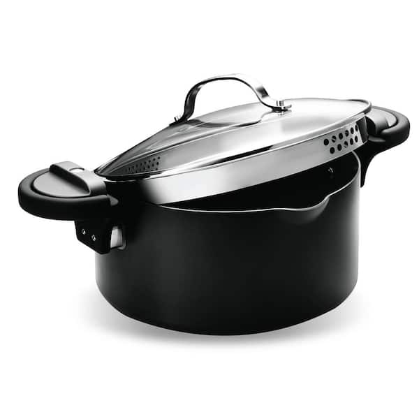 Gotham Steel 5 qt. Non-Stick Aluminum Ceramic Pasta Pot with Built-in Strainer and Twist N Lock Handles in Black
