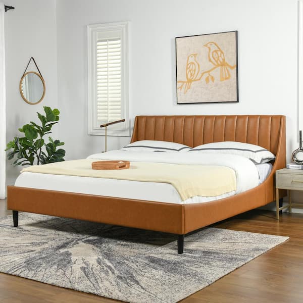 Aspen 79 in. Faux Leather Vertical Tufted Upholstered King Modern Platform Bed Frame with Headboard in Caramel Tan Brown