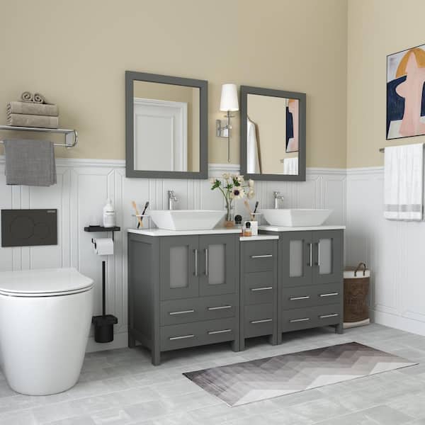 Ravenna 60 in. W Bathroom Vanity in Grey with Double Basin in White Engineered Marble Top and Mirror