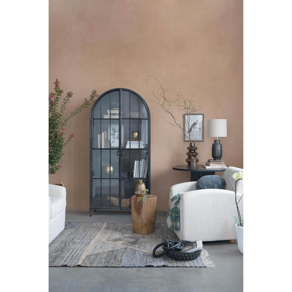 Arched Black Iron and Glass Office Storage Cabinet