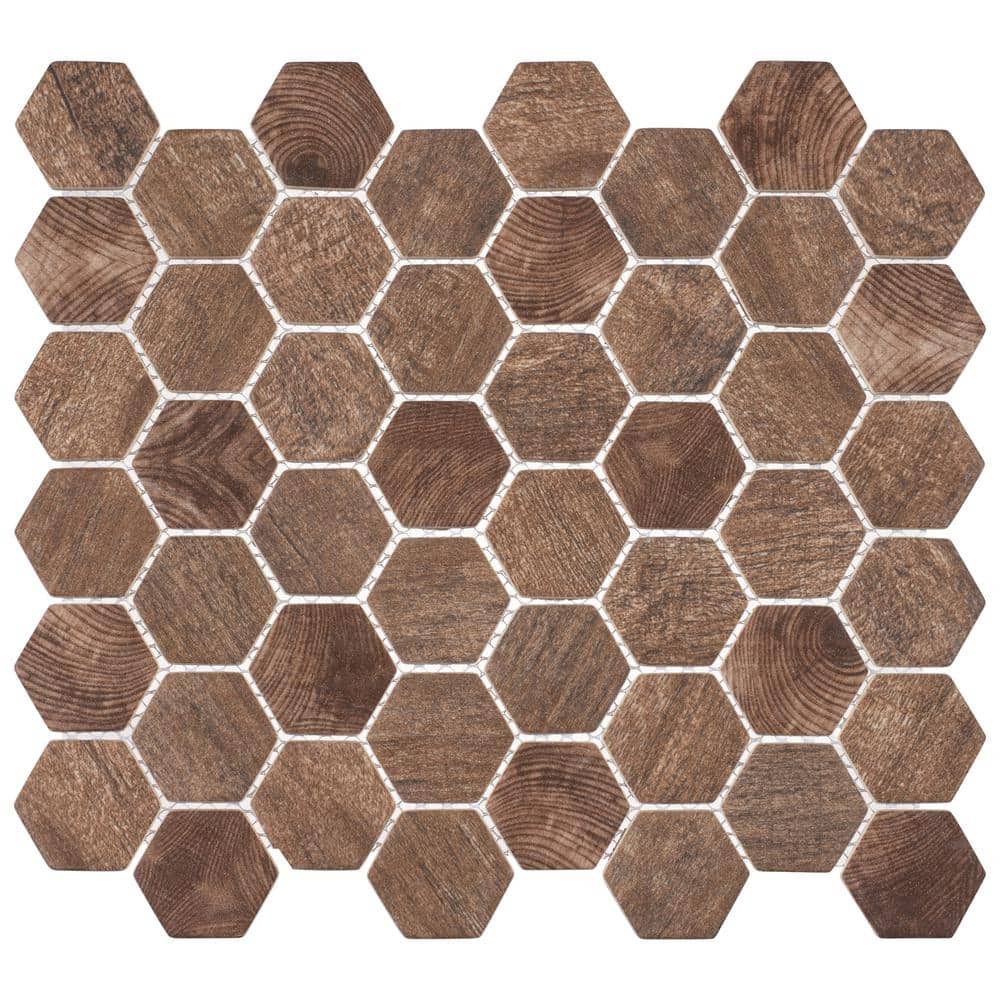 Cherri Hexagon Glass Mosaic Tile with Wood Look