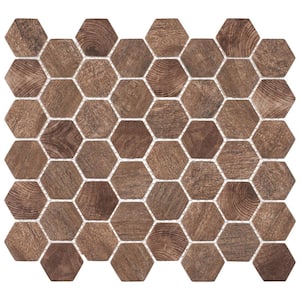 Terrain Cherri Brown 13 in. x 11 in. Hexagon Wood-Look Smooth Glass Mosaic Wall Tile (5 sq. ft./Case)
