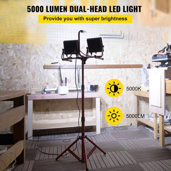 LED Work Light with Stand, 5000 Lumen Dual-Head, Adjustable 27.6 in. 68.1 in. Tripod, IP65 Waterproof, 5000K