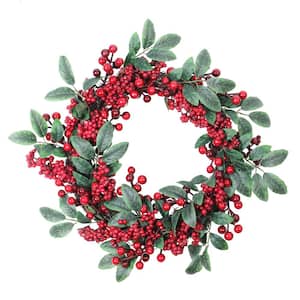 18 in. Unlit Lush Red Berry and Deep Green Leaf Decorative Artificial Christmas Wreath