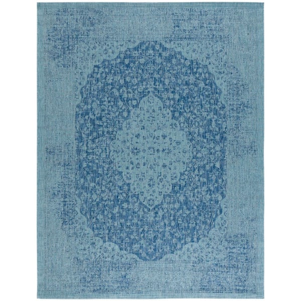 Courtyard Navy/Aqua 9 ft. x 12 ft. Medallion Border Indoor/Outdoor Area Rug