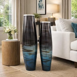 Viena 28.7 in. Blue Glass and Metal Geometric Decorative Vase