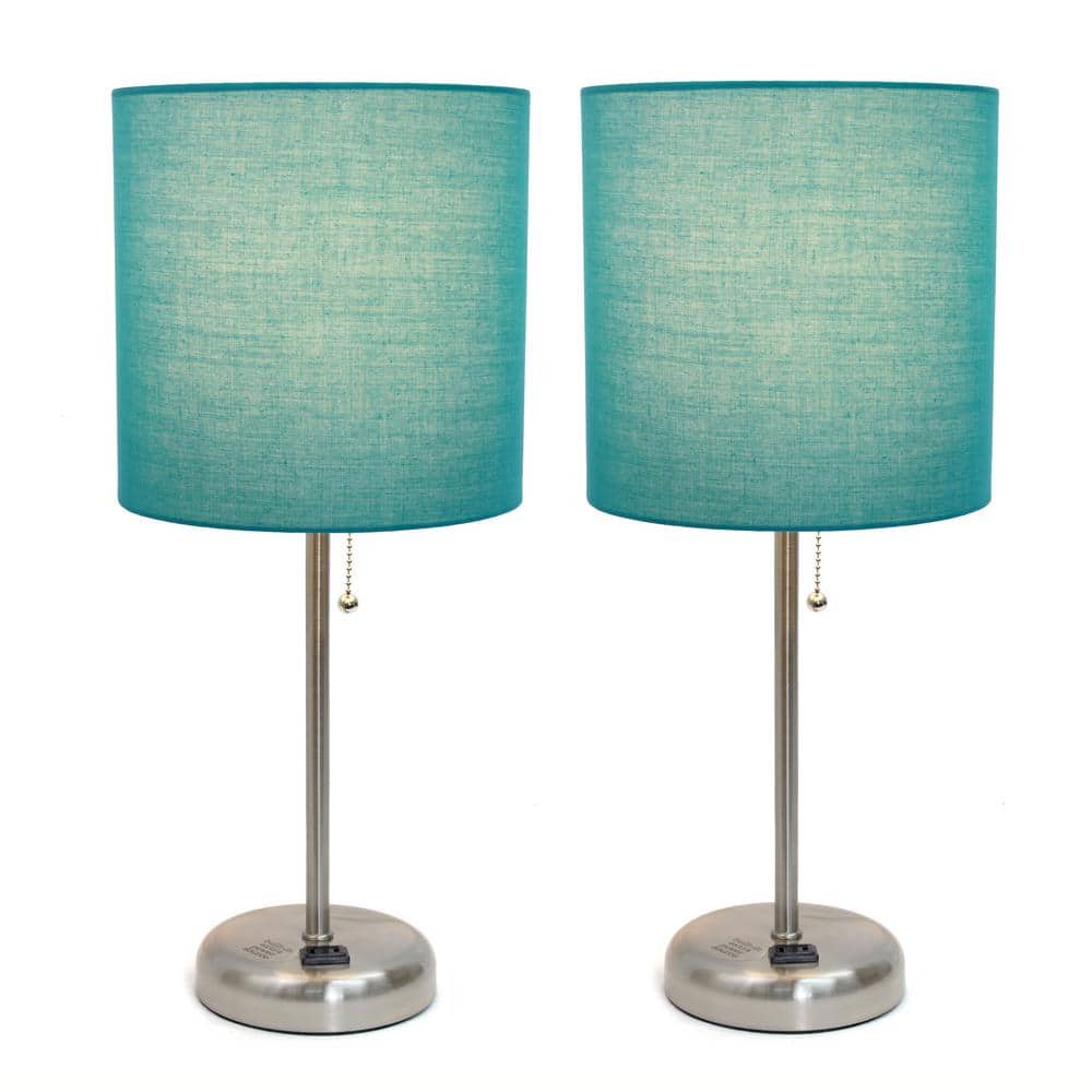 Teal Fabric Shade Brushed Steel Stick Table Lamp Set with Charging Outlet