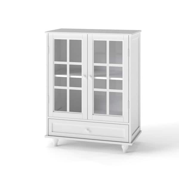 28 in. W x 15 in. D x 36 in. H Modern Wooden Storage Pantry Buffet Cabinet in White with 2 Glass Doors and 1 Drawer