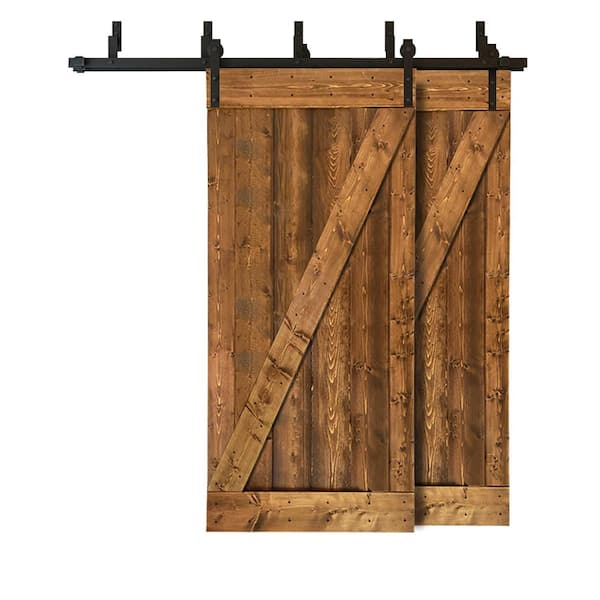 CALHOME 76 in. x 84 in. Z Bar Bypass Walnut Stained Solid Knotty Pine Wood Interior Double Sliding Barn Door with Hardware Kit